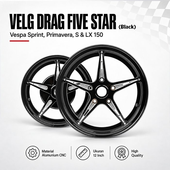 DOGZMA Velg Vespa Drag Five Star Black SET VELG DEPAN BELAKANG CNC PNP Sprint Primavera S LX 150 Rin