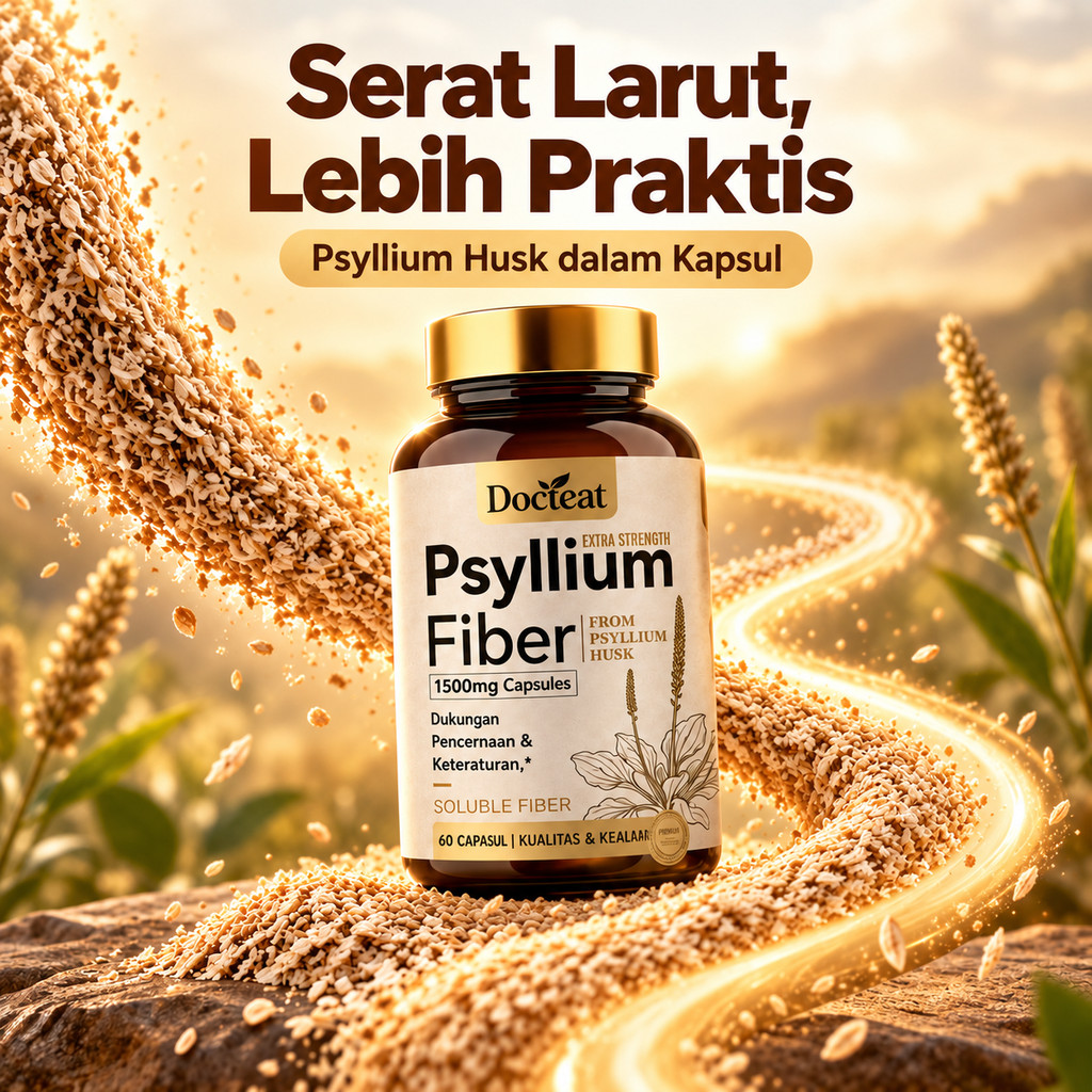 Psyllium Fiber Psyllium Husk 1500 mg Suplemen Serat Larut 60 Kapsul Docteat