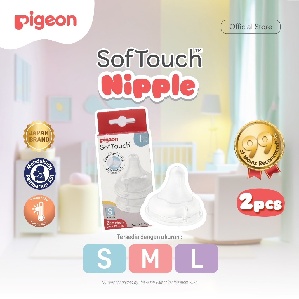 PIGEON SofTouch Nipple Dot Wide Neck- 2pcs Box | Pilih Size | Dot Seperti Payudara Ibu | Elastis & L