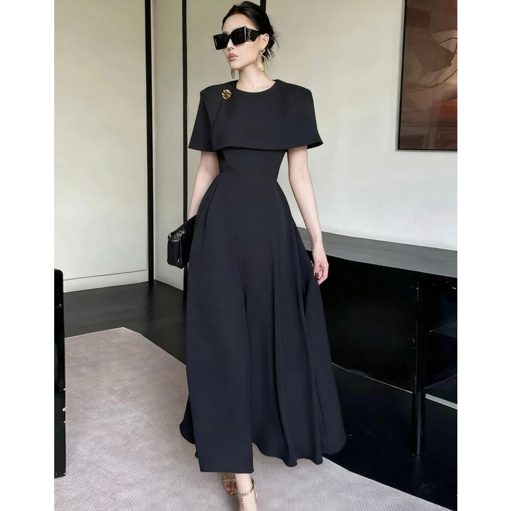 FADFAD Gaun Elegan Lengan Pendek Gaya Elegan Untuk Wanita Warna HItam Polos