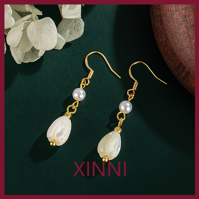 XINNI Anting Mutiara Magnolia Putih untuk Wanita, Lily of the Valley, Cheongsam Vintage, Hanfu, Tren