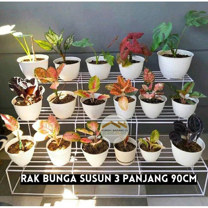 Rak Bunga Susun 3 Panjang 90cm Besi Beton SNI Tahan Lama untuk Tanaman Kaktus & Anggrek Warna Putih 