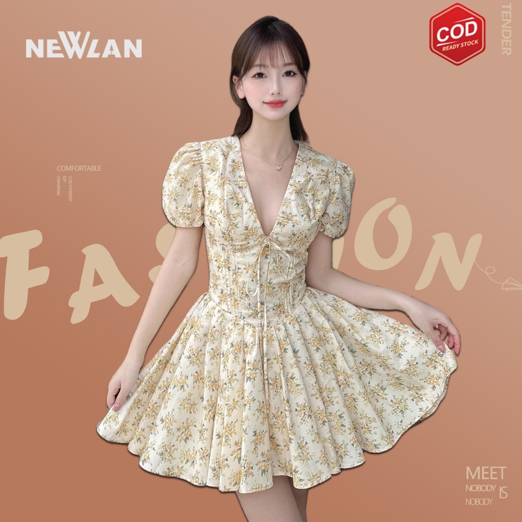 Yoohui QZ256 Midi Dress Korea/Gaun Bunga Wanita Lembut Prancis Lengan Gelembung Rok Sifon Rok Cinta 