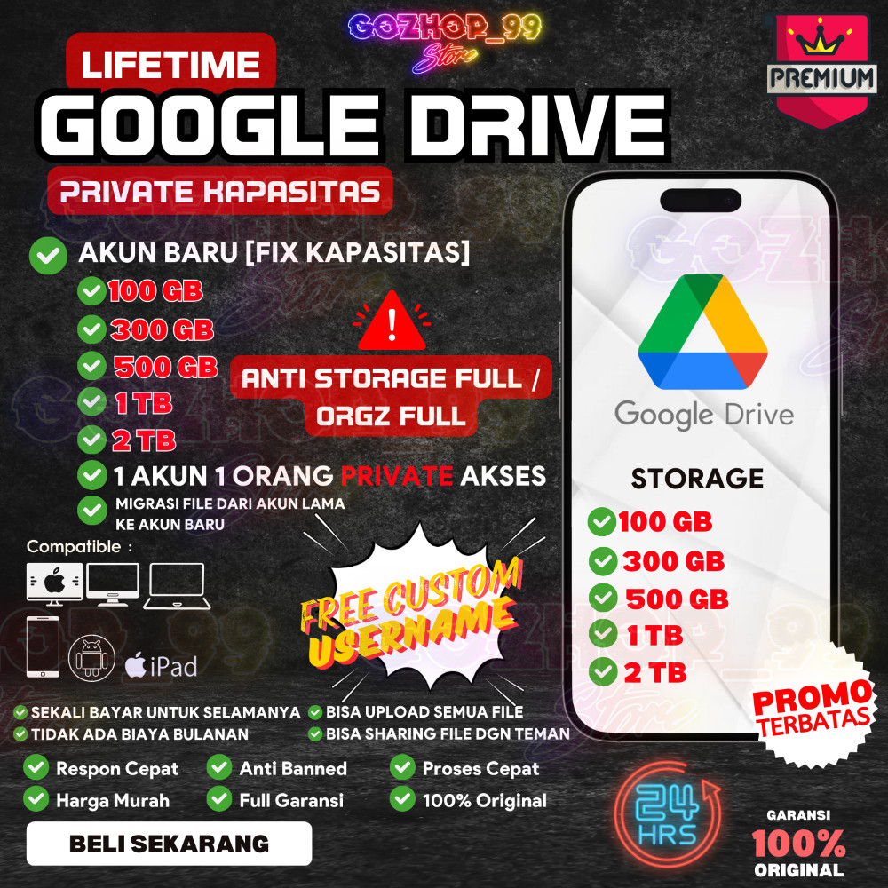 [PRIVATE KAPASITAS] Google Drive Gdrive Unlimited 100GB 300GB 500 GB 1TB 2TB Lifetime Bergaransi