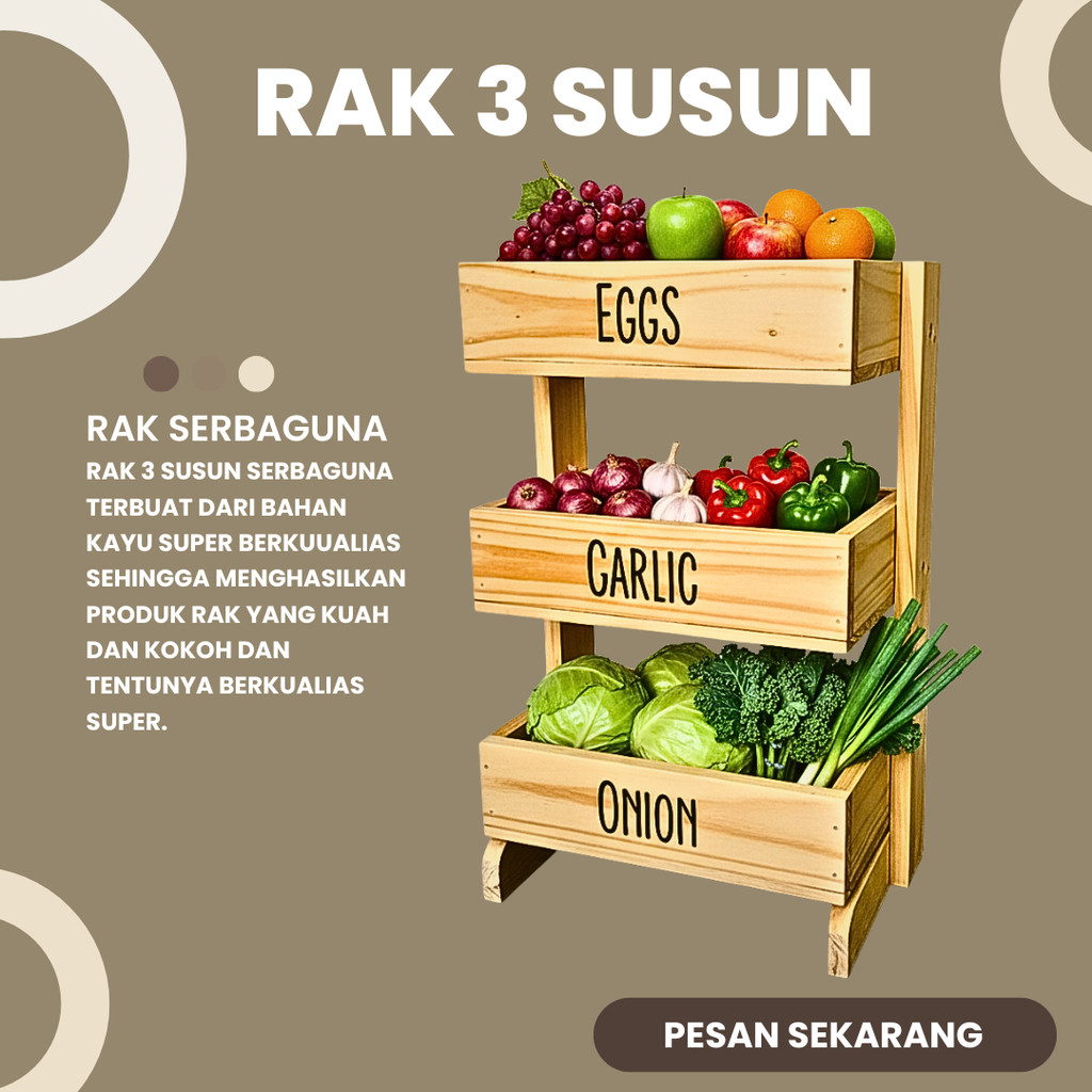 Rak Bawang Kayu 3 Susun / Rak Bumbu Serbaguna