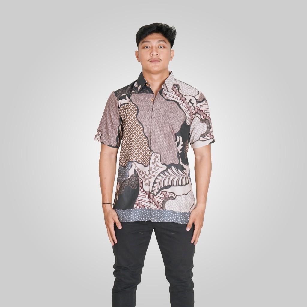 BATIK TRUSMI Kemeja Batik Pria Lengan Panjang Batik Dobi 21797B Abu NH