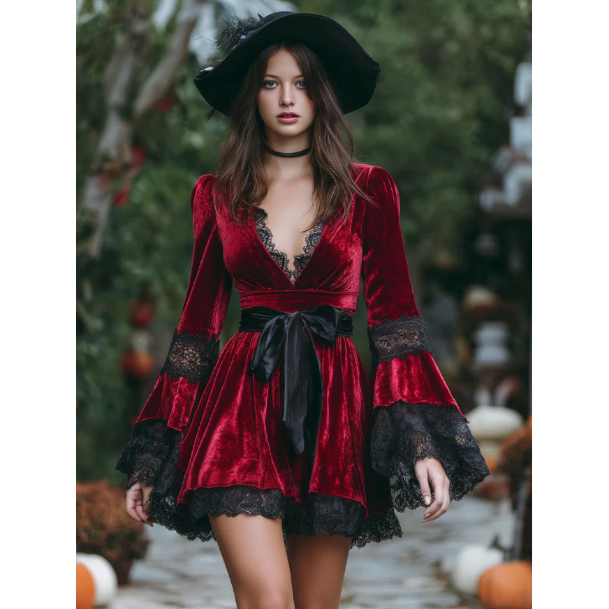 Women's European and American Velvet Dress Vintage V Collar patchwork lace long-sleeve evening dress