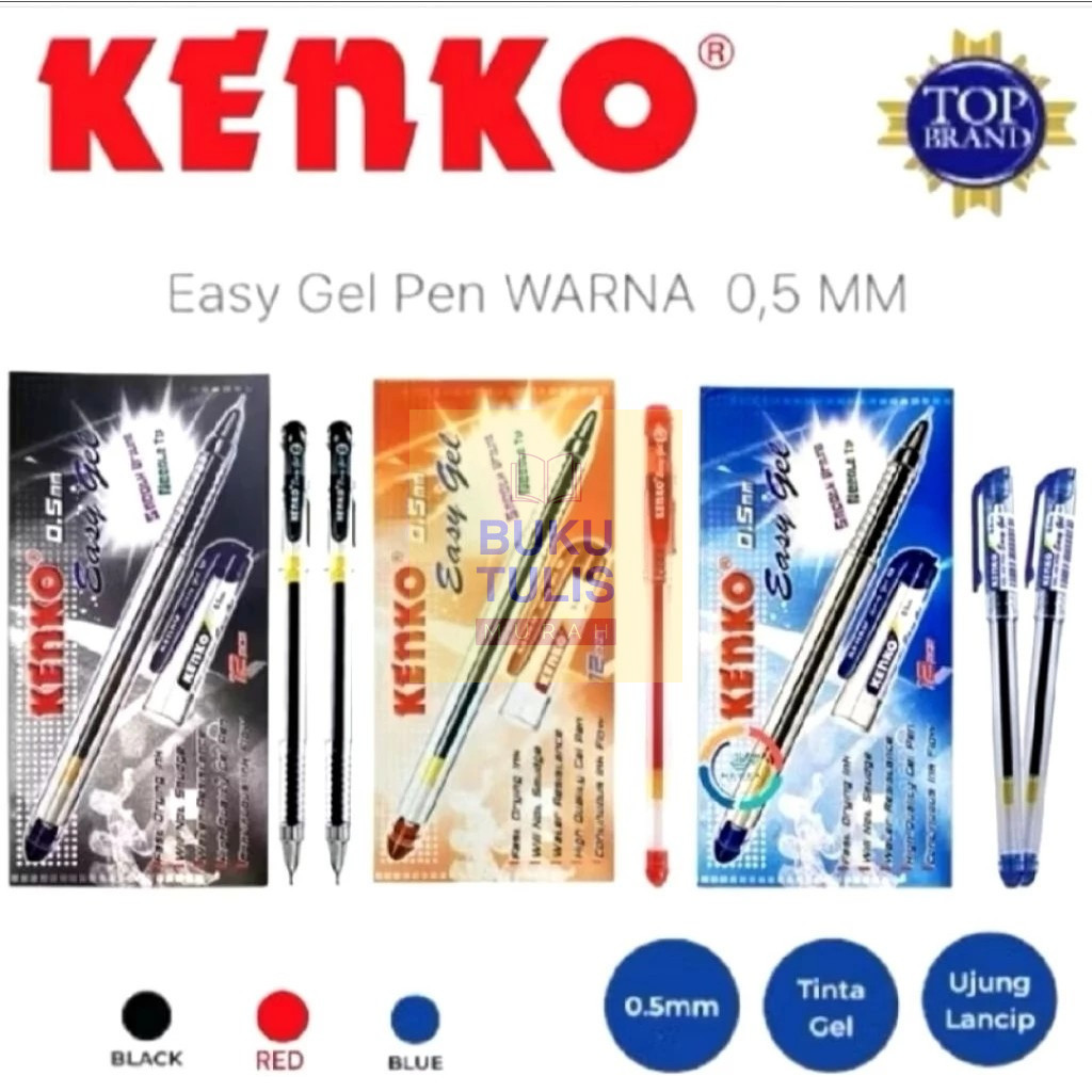 [Isi 12] Pulpen Kenko Easy Gel Biru Merah Hitam Per Box 0.5 mm