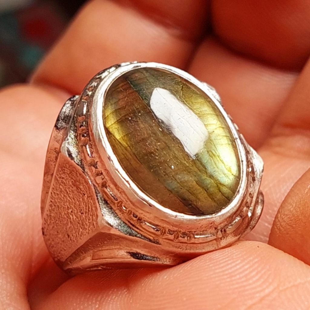 Cincin batu labradorite 18mm asli natural / batu labrador kerlip pelangi biru n emas