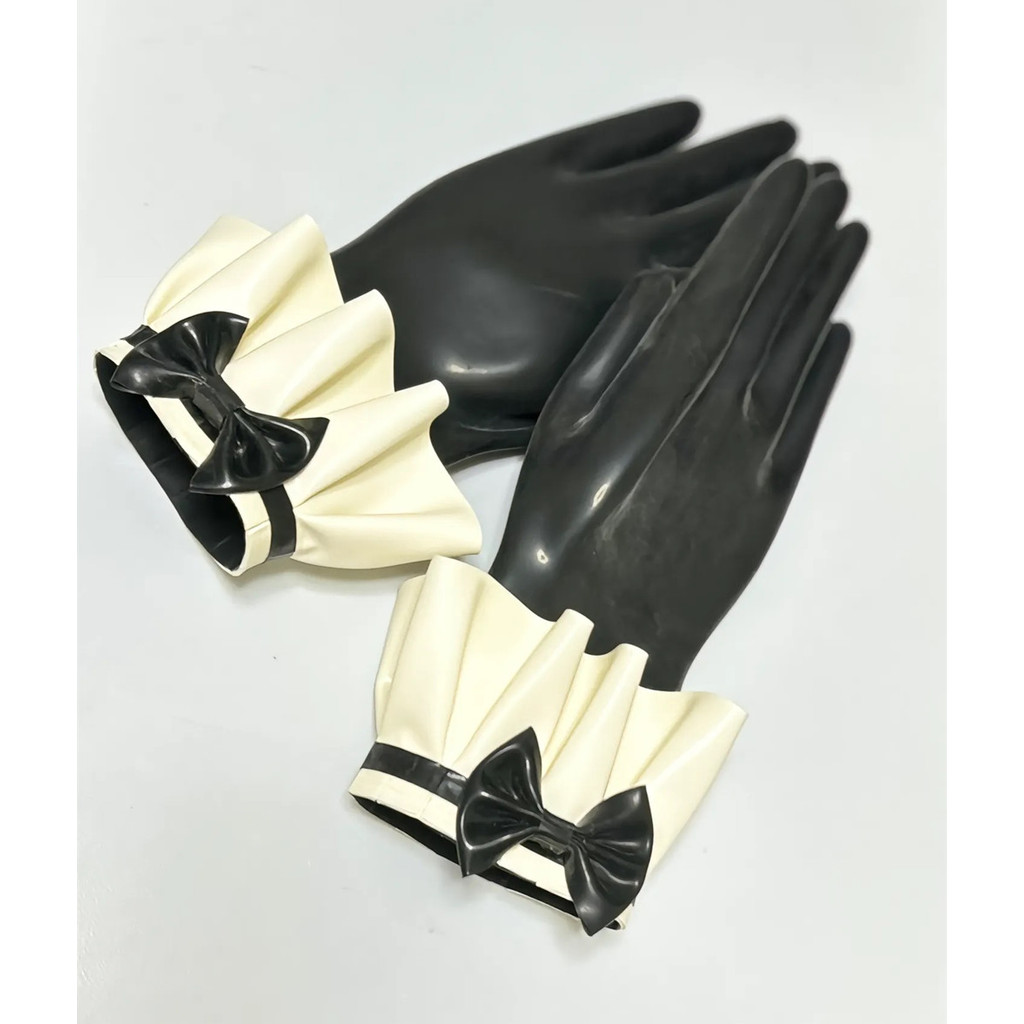 Sexy Black Fetish Latex Gloves Wrist Length with Lace and Bow