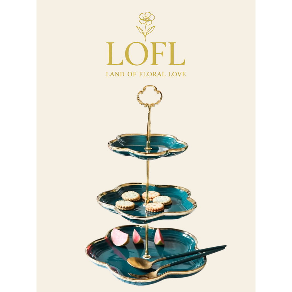 Piring Kue Tingkat Keramik Bentuk Bunga List Gold / Double Layer Dessert Cake / Piring Kue Tingkat M