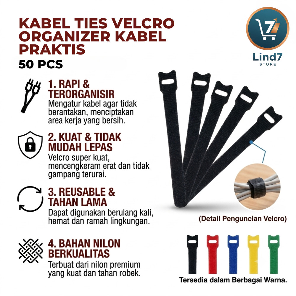 Kabel Ties Velcro Organizer Kabel Praktis Tali Pengikat Perapih Kabel Reusable Nilon