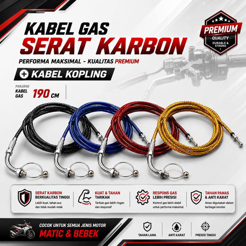 KABEL GAS MOTOR SERAT KARBON PANJANG 190CM PLUS L KABEL GAS KARBON PANJANG UNIVERSAL