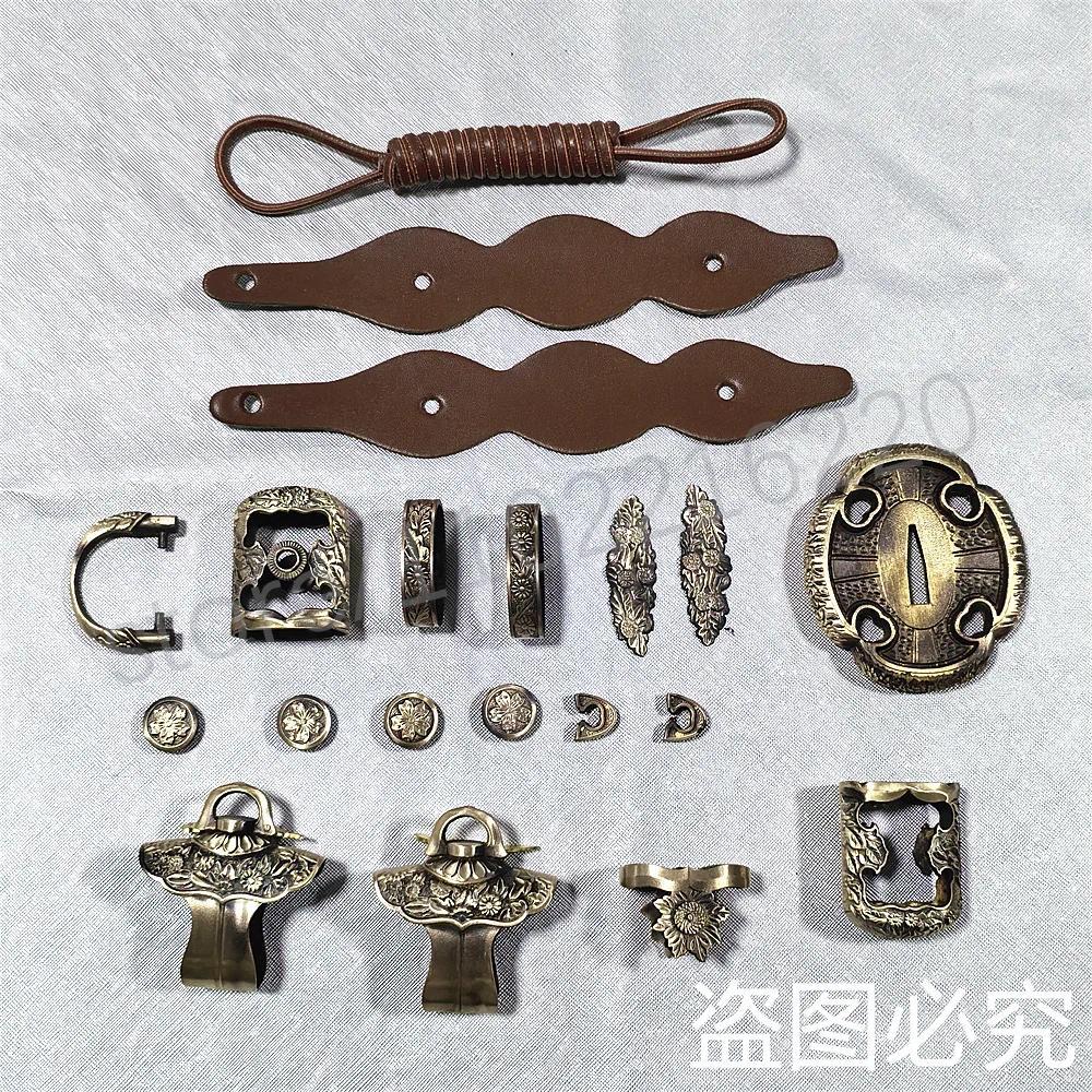 A Set Exquisite Tachi Sword Samurai Katana Parts Copper Brass Tsuba Fuchi Kashira Menuki Kojiri  Fit