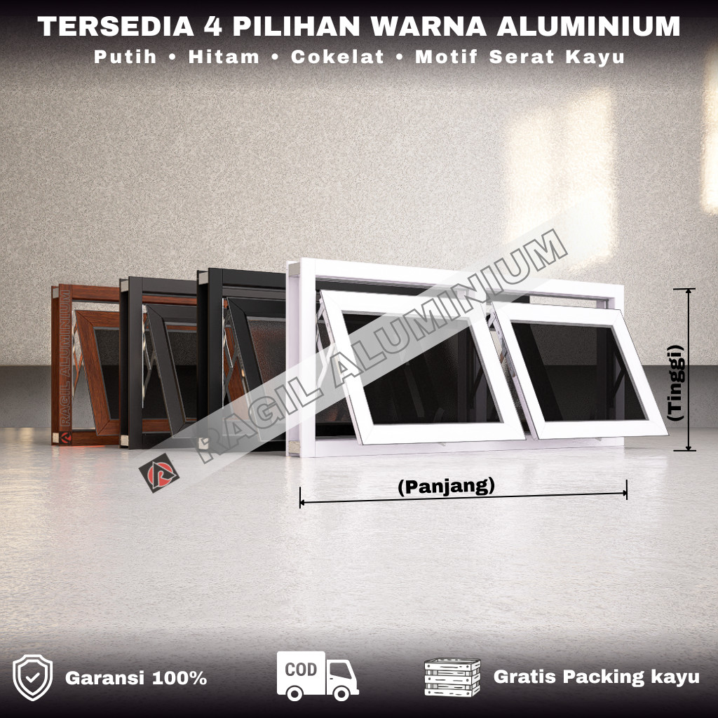 Jendela Aluminium Boven 2 Daun Jungkit Casement Polos Tinggi 50 cm x Panjang 100 cm (50x100)