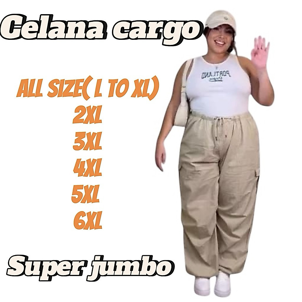 JONSTORE Big Size Putih Celana Baggy Pants Cargo Serut Bahan Ringan Wanita Highwaist Tren Hiphop Kar