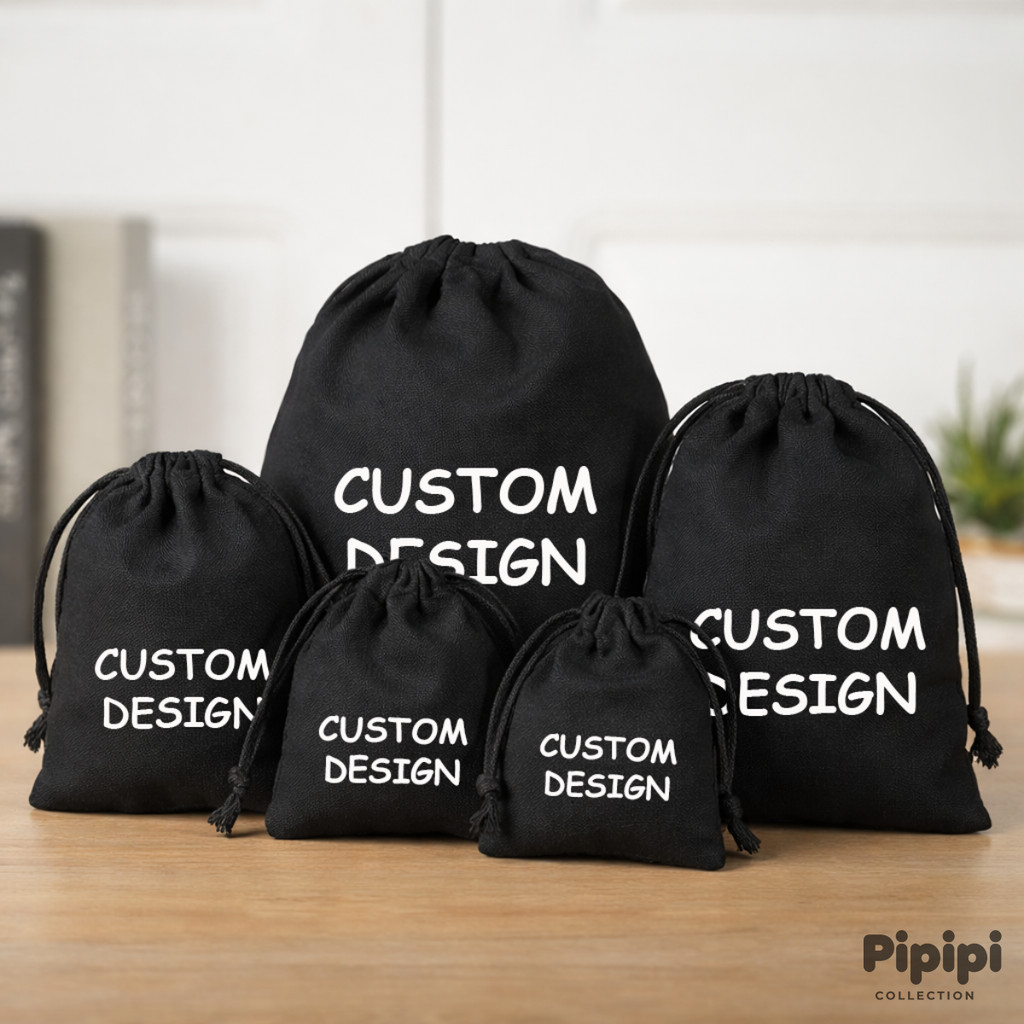 PIPIPI POUCH SERUT KANVAS CUSTOM WARNA HITAM Berbagai Ukuran dan Tebal | Kantong Souvenir Organizer 