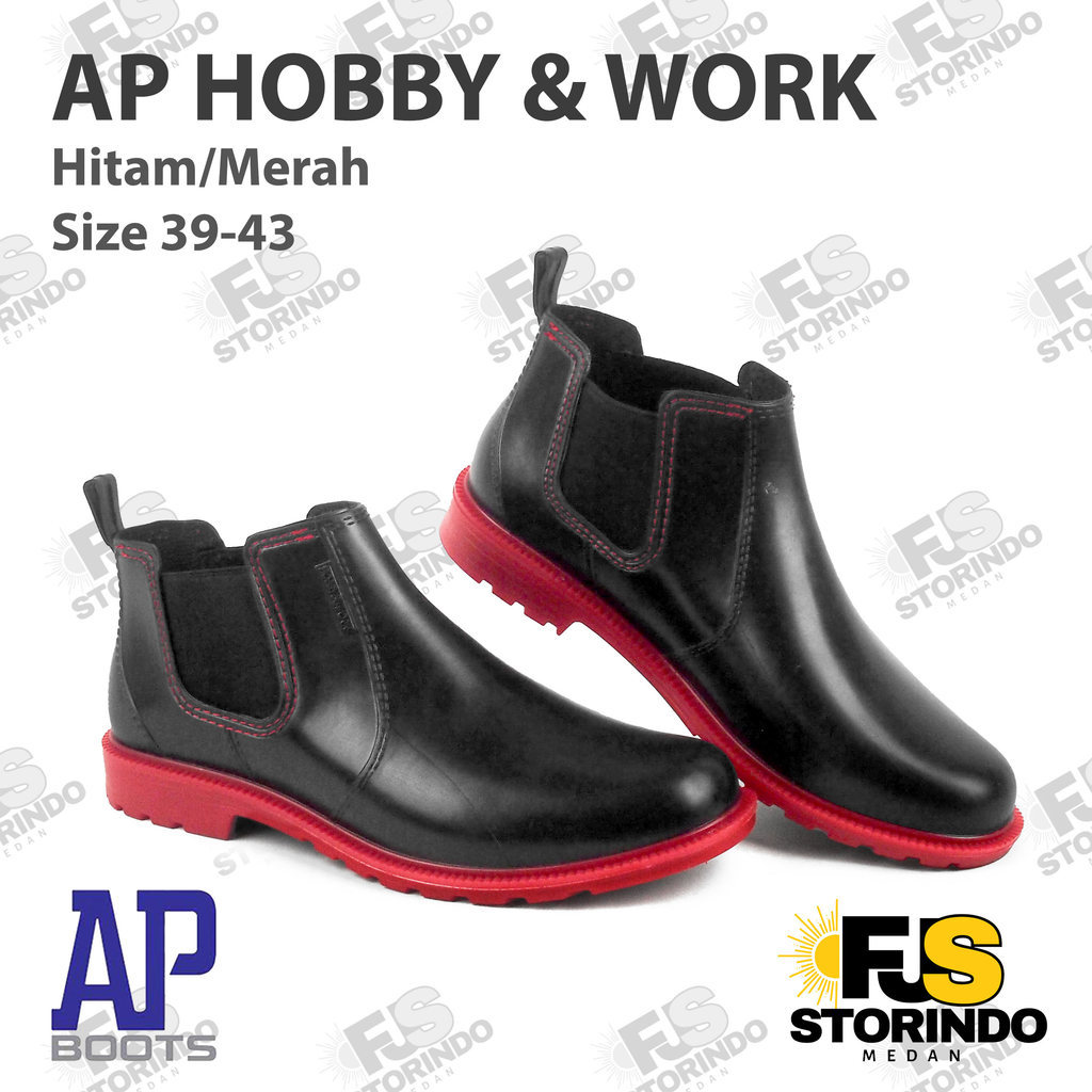 Sepatu Boot Pendek Hobby & Work AP Boots Hitam Merah Karet Lokal Anti Air & Slip Sepeda Motor Medan,