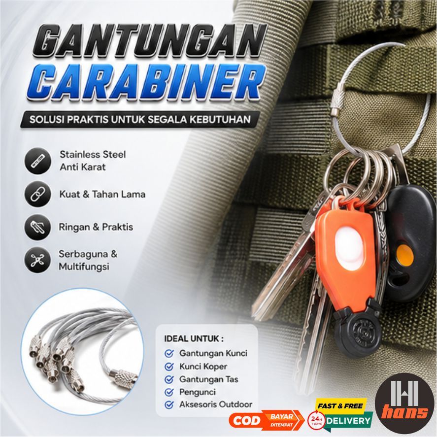 Gantungan Kunci Buckle Mini Tali Kawat Serbaguna Mobil Tas Tali Besi Carabiner