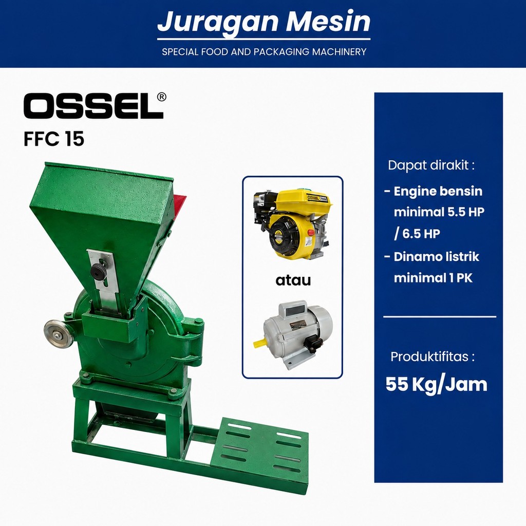 OSSEL MESIN PENEPUNG MESIN GILING BUMBU / TEPUNG DISK MILLl FFC 15 + PENGGERAK DINAMO LISTRIK 1PK