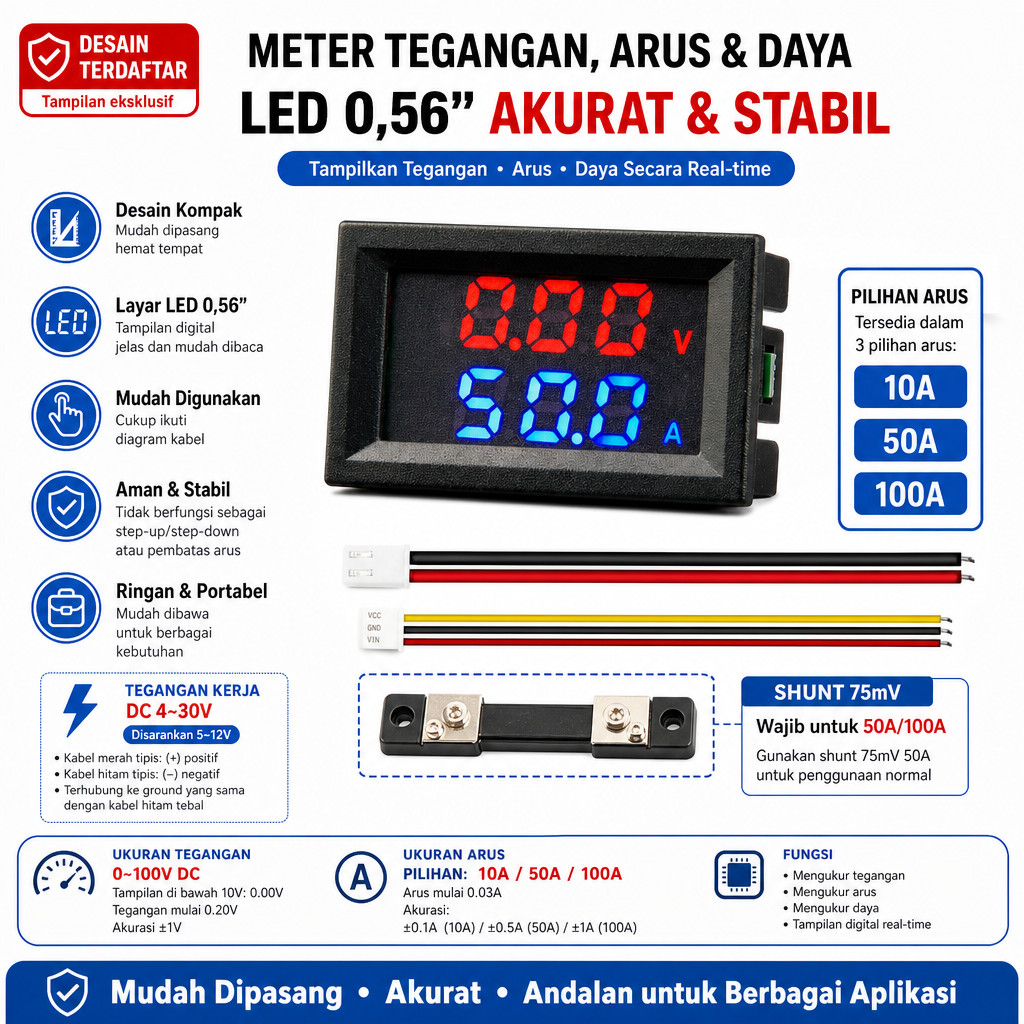 Voltmeter Ampermeter Digital DC Pengukur Tegangan Dan Arus Listrik Dual Display Panel M430 100V