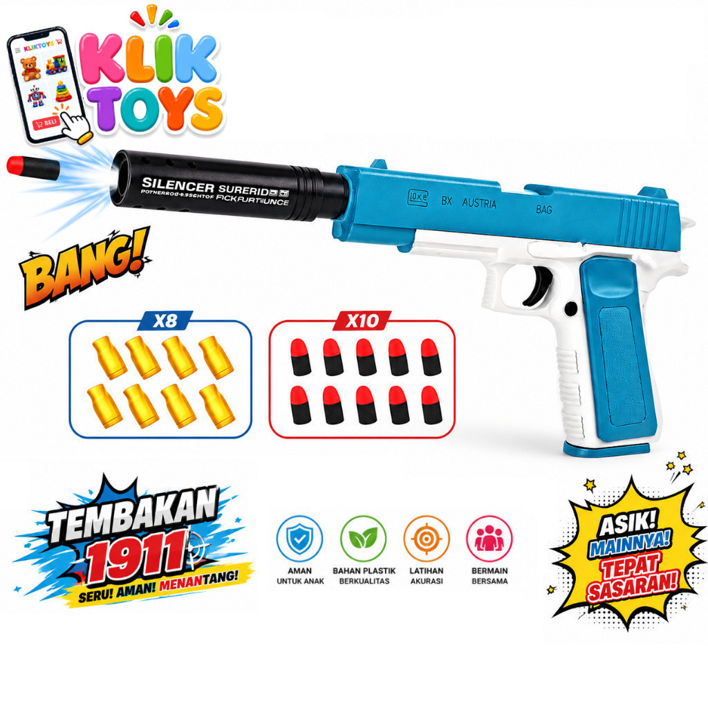 KLIK TOYS PISTOL PLASTIK 1911 Mainan Pelontar Busa EVA Untuk Permainan Bidik Remaja