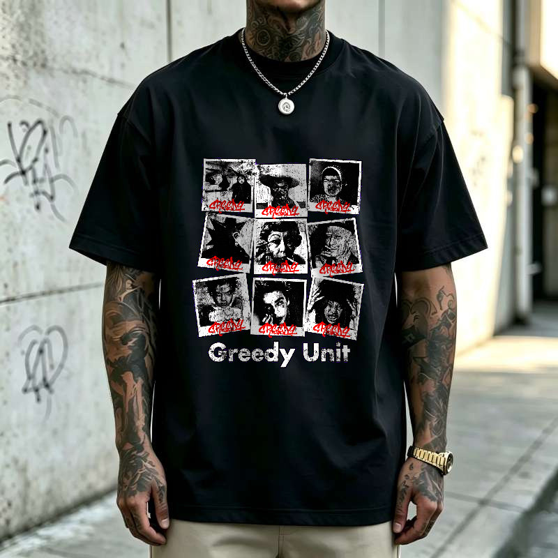 Kaos Oversize Greedy Unit Graphic Streetwear Pria, T-Shirt Vintage Unisex Gaya American Style Dengan