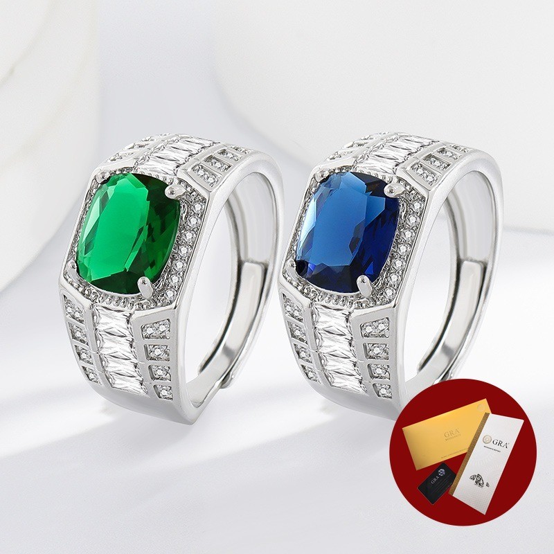 (Free Gra Certificate) Cincin Pria Dengan Moissanite Hijau Safir Oval