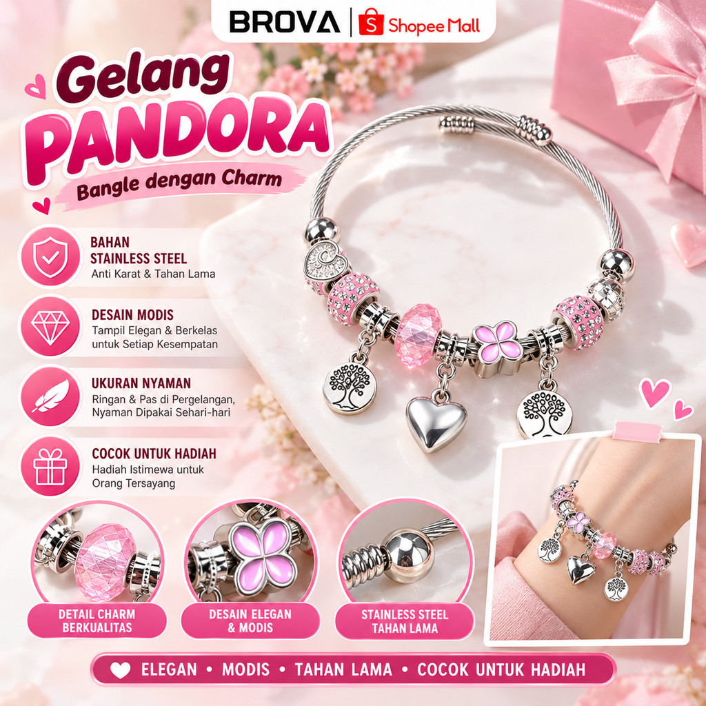 BROVA Gelang Love Pandora Charm Bracelet Titanium Anti Karat Baja Stainles Gelang Kekinian Cantik Ha
