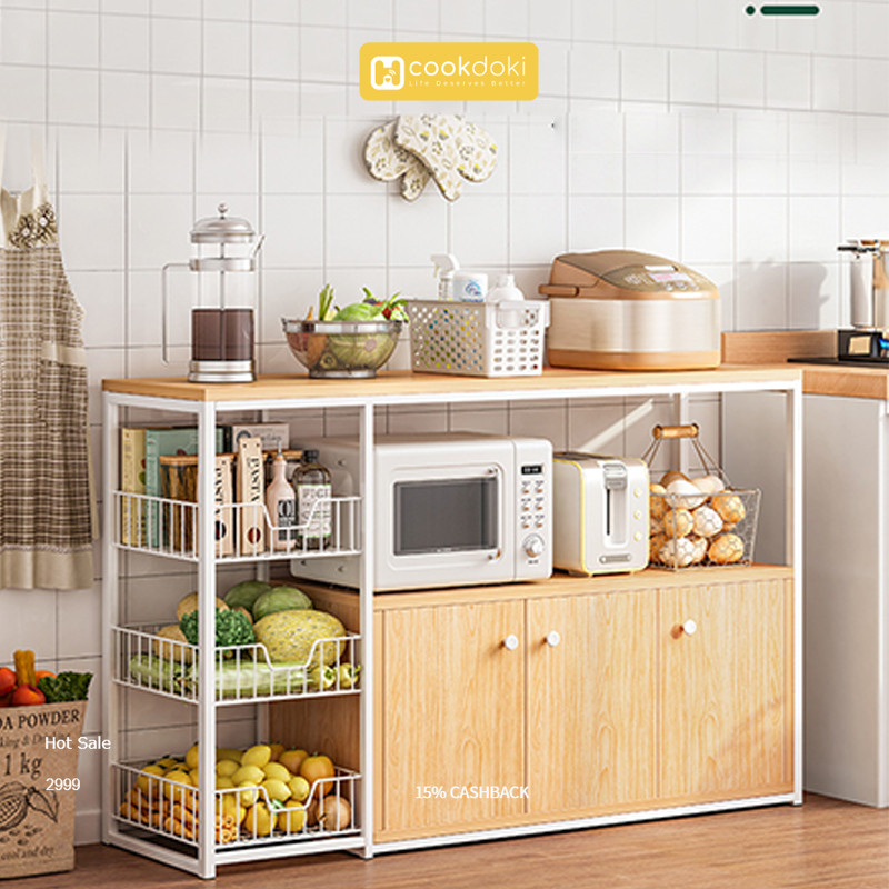 Cookdoki Rak Dapur Kayu/Lemari Dapur/Rak Microwave/Lemari Dapur Kapasitas Besar/Lemari dengan Pintu 