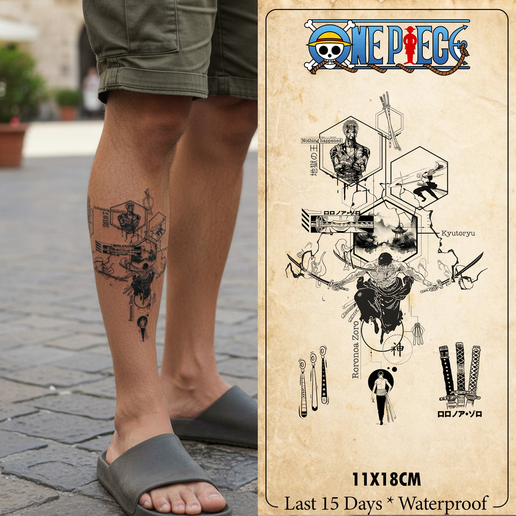 Stiker Tato One Piece 18x11cm – Desain Roronoa Zoro Kyutoryu & Katana – Tato Temporer Anime Waterpro