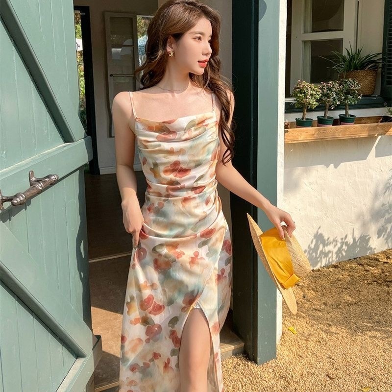 long dress floral daisy retro french dress vintage korean styler baju gaun dress pantai bunga bunga 