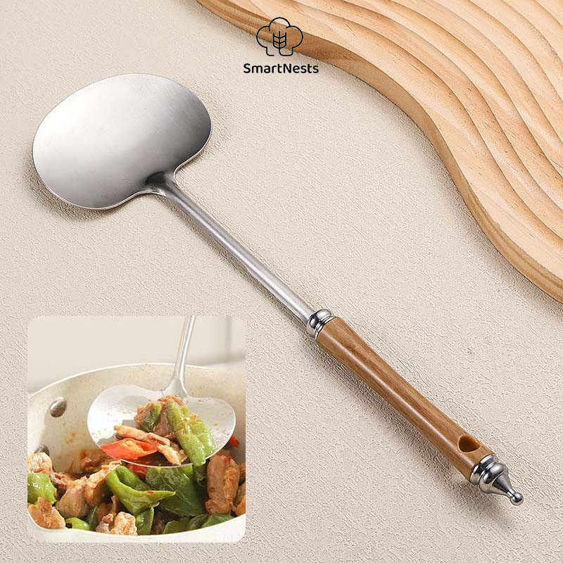 Pegangan Kayu Stainless Steel Jamur Sekop Rumah Tangga Spatula Pegangan Panjang Stir Fry Spoon SM