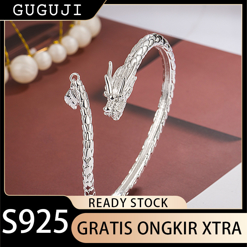 GUGUJI Gelang Naga Pria dan Wanita Elegan Mewah Perak Naga Terbuka Dapat Disesuaikan Desain Mewah