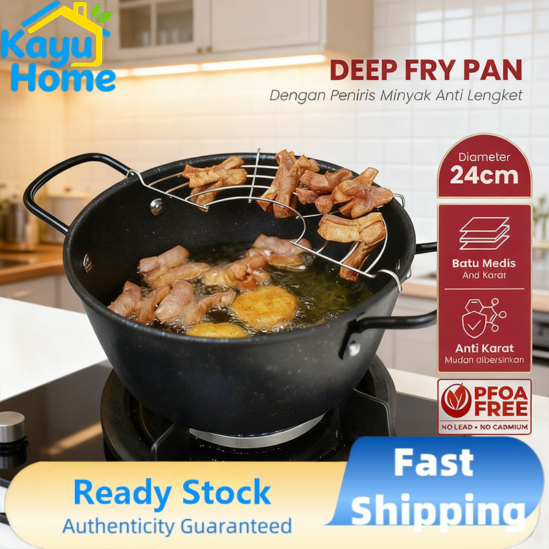 Kayu Home Wajan Penggorengan 24cm & 22cm – Deep Fryer Pot dengan Rak Tirisan Minyak Anti Lengket