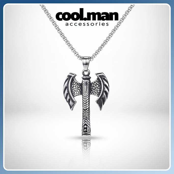 Kalung Pria Wanita  Wanita Stainless Steel Hitam Liontin Kapak Viking Bermata Ganda (Double-Headed V