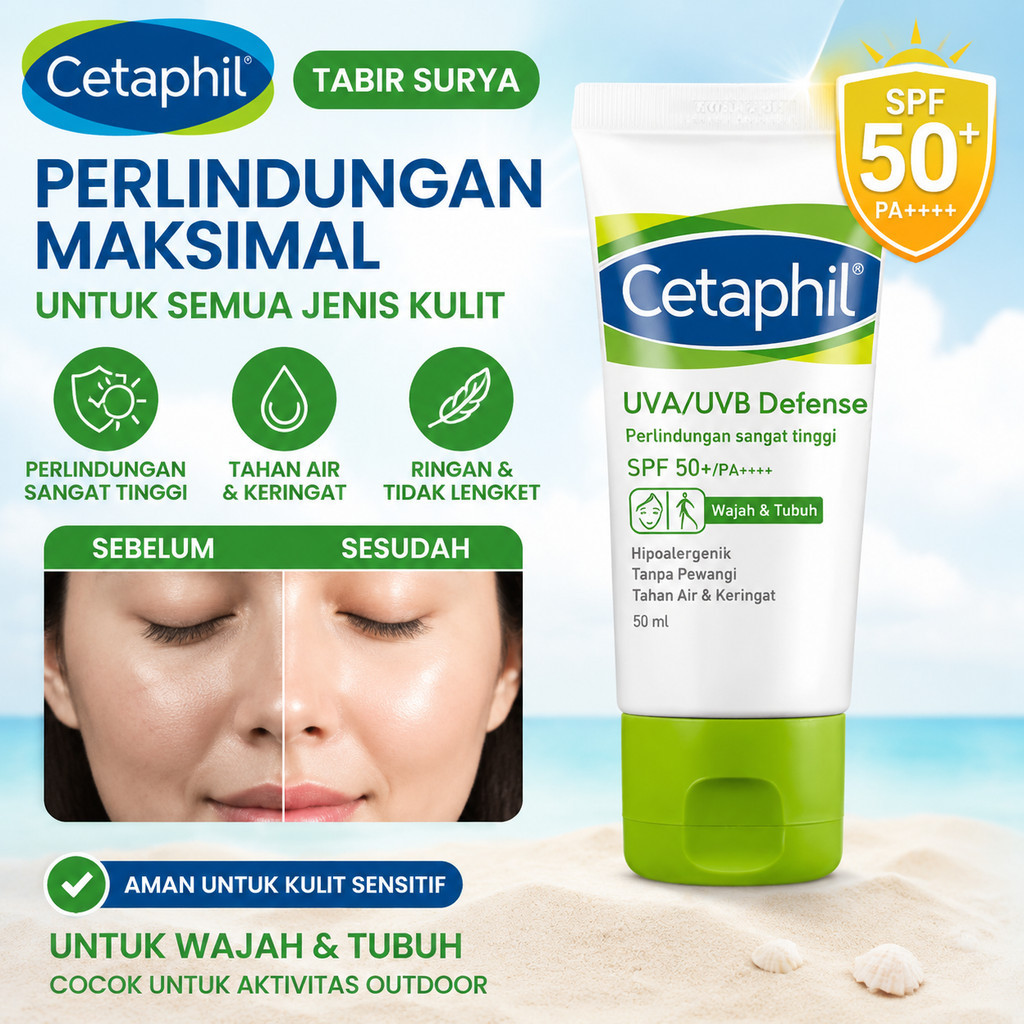 Cetaphil UVA/UVB Defense sunscreen SPF50+ PA++++ 50ml Tabir Surya Sunblock untuk Perawatan Wajah/Kul