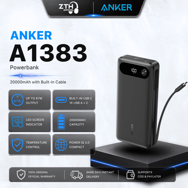 Anker Powerbank Travel Essential Portable Charger 20,000mAh with Built-in USB-C Cable 87W Fast Charg