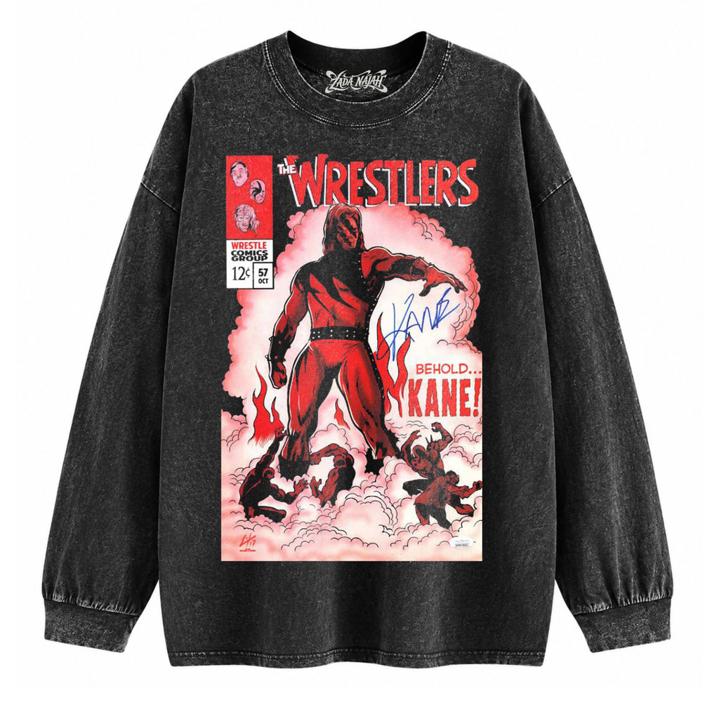 ZADA NAJAH Kaos Oversize Longsleeve Stone Black Washed Kane Wwe Vintage Graphic Tee Unisex Premium C