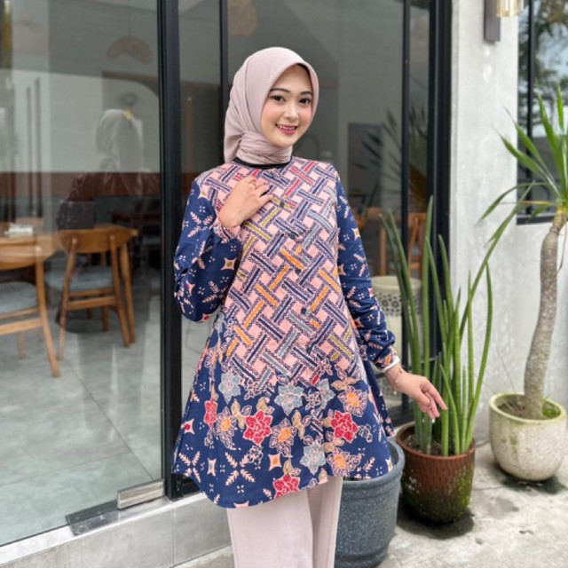 Audry Batik - Vania - Blouse Batik Kerja Wanita Panjang Hijab Modern Motif Garis Navy