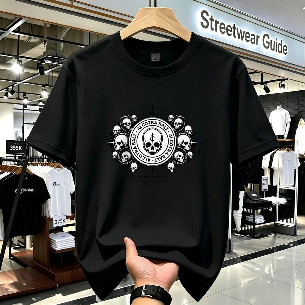 Kaos Distro Unisex Putih Motif Skull Round ALCOTRA Bali Gaya Streetwear Metal