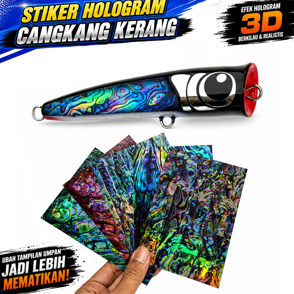 MANCING MANIA Stiker Abalone Cangkang Kerang Hologram Bunglon Umpan Pancing Popper Stickbait