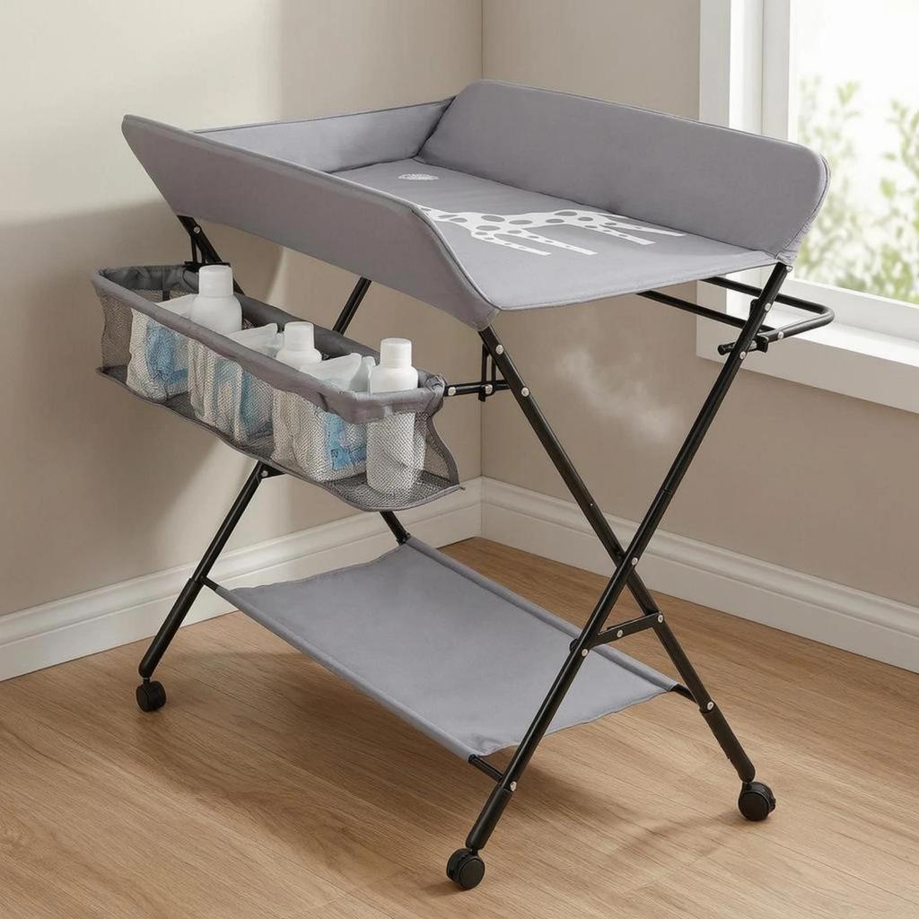 Adjustable Height Changing Table Textile Shelf Foldable Changing Table Wheeled