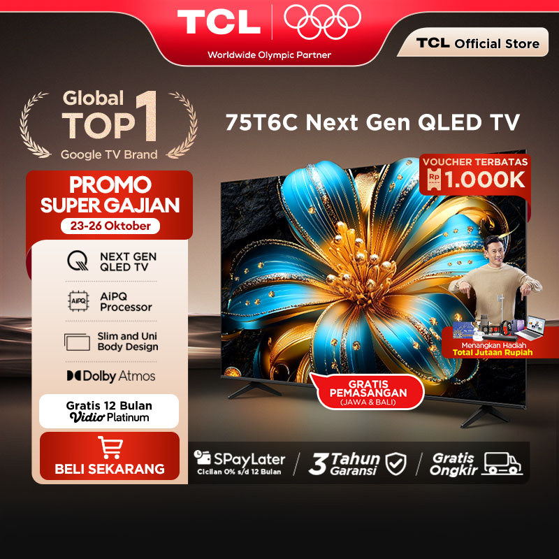 TCL Next Gen QLED 75 inch T6C - 4K Google TV - HVA Panel - HDR 10+ - Dolby Vision & Atmos - Google A