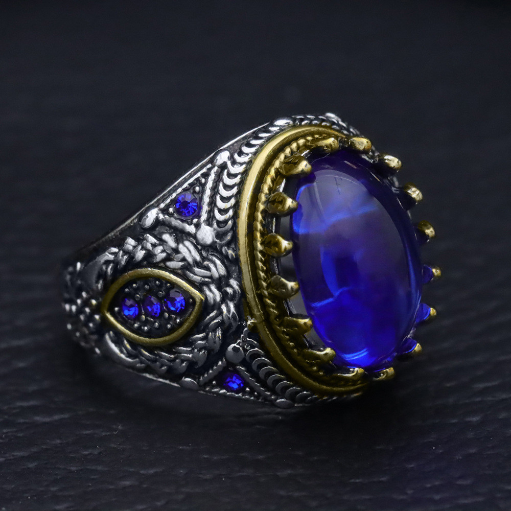 Cincin Pria Vintage Perak Emas Baja Titanium Batu Safir Biru Ukiran Intrikat Desain Khas Mewah Elega