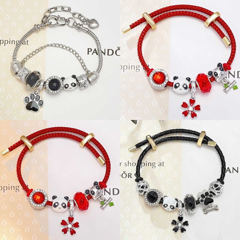 Gelang tarik multi-panda dilepas gelang DIY gelang tali kulit gelang lucu perhiasan kartun empat dau