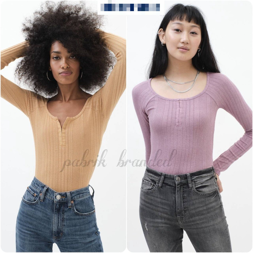 Pabrik branded @3rop0stale Blouse wanita XS S M kuning ungu tosca rayon ribbed knit V O neck kancing