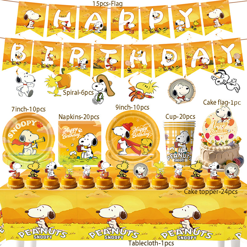Snoopy Birthday Party Decoration Kids Gift Yellow Snoopy Cup Plate Cake Topper Flag Disposable Table