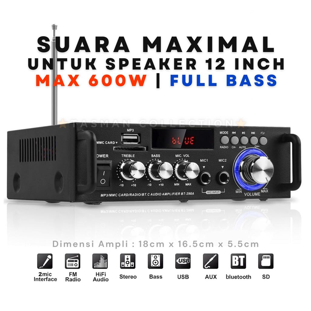 NEWW Ampli 600W Stereo Full Bass Penguat Audio Speaker Fleco BT-298A Amplifier Bluetooth Karaoke USB