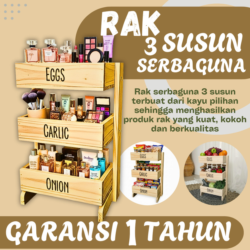 Rak Bawang Kayu 3 Susun / Rak Bumbu Serbaguna